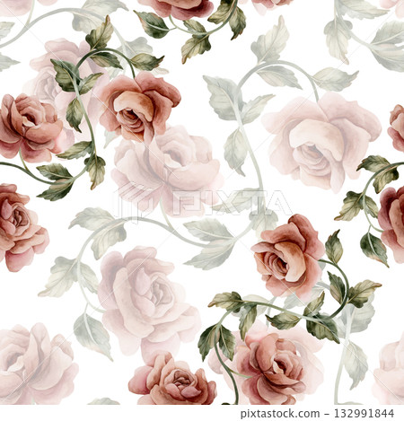 Roses with leaves seamless pattern on white background. Dusty pink garden Victorian flower. Watercolor hand painted floral illustration for wedding design home textile fabric cosmetic package wrapping Roses with leaves seamless pattern on white background. Dusty pink garden Victorian flower. Watercolor hand painted floral illustration for wedding design home textile fabric cosmetic package wrapping 132991844