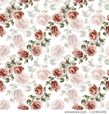 Roses with leaves seamless pattern on white background. Dusty pink garden Victorian flower. Watercolor hand painted floral illustration for wedding design home textile fabric cosmetic package wrapping 132991846