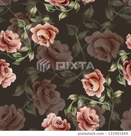 Roses with leaves seamless pattern on dark background. Dusty pink garden Victorian flower. Watercolor hand painted floral illustration for wedding design home textile fabric cosmetic package wrapping 132991849