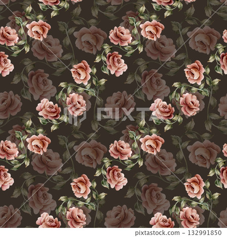 Roses with leaves seamless pattern on dark background. Dusty pink garden Victorian flower. Watercolor hand painted floral illustration for wedding design home textile fabric cosmetic package wrapping Roses with leaves seamless pattern on dark background. Dusty pink garden Victorian flower. Watercolor hand painted floral illustration for wedding design home textile fabric cosmetic package wrapping 132991850