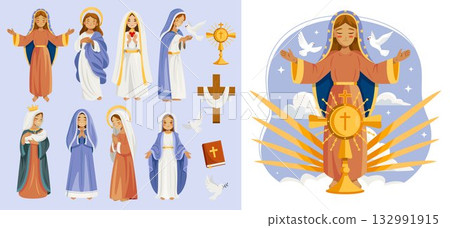 Icon set with multiple virgin mary illustrations and religious motifs flat cartoon Icon set with multiple virgin mary illustrations and religious motifs flat cartoon 132991915