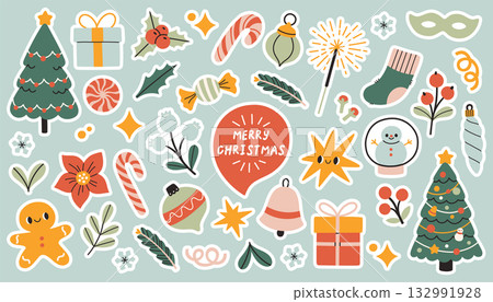 Vector set of cute Christmas stickers with festive elements trees, gifts, candy canes, gingerbread, snowman, and decorations. Holiday simple collection for cards, planners, stickers and crafts 132991928