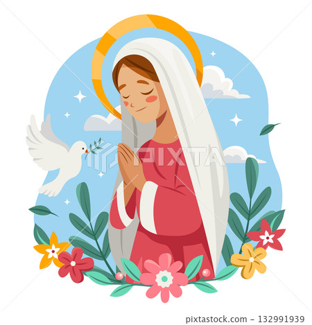 Composition showing virgin mary with halo in prayer flat cartoon 132991939
