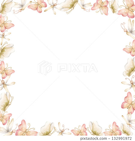 Cute Butterfly Dragonfly Insects Frame. Watercolor hand painted summer pastel neutral isolated illustration on white background for nursery kids baby shower card logo label whimsical mystery princess 132991972