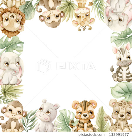 Cute Animals Plants Frame. Safari Jungle Tropical Exotic leaves Watercolor hand painted summer pastel neutral isolated illustration on white background for nursery kids baby shower card logo label Cute Animals Plants Frame. Safari Jungle Tropical Exotic leaves Watercolor hand painted summer pastel neutral isolated illustration on white background for nursery kids baby shower card logo label 132991977
