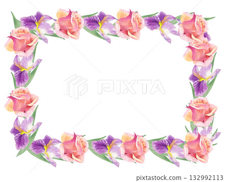 Restangular frame of irises and roses buds. Watercolor handmade illustration. For packaging design, cards, cover, prints, product labels and fabric. Restangular frame of irises and roses buds. Watercolor handmade illustration. For packaging design, cards, cover, prints, product labels and fabric. 132992113