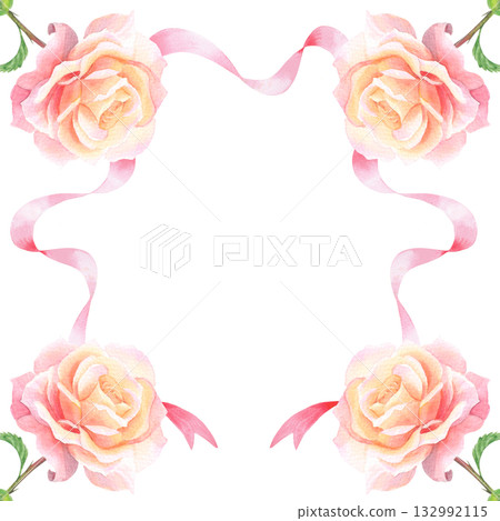Square frame of roses and silk ribbon. Watercolor handmade illustration. For packaging design, cards, cover, prints, product labels and fabric.  132992115