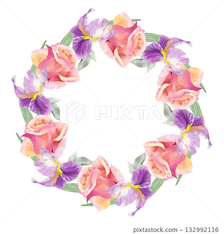Wreath of irises and roses buds. Watercolor handmade illustration. For packaging design, cards, cover, prints, product labels and fabric. Wreath of irises and roses buds. Watercolor handmade illustration. For packaging design, cards, cover, prints, product labels and fabric. 132992116