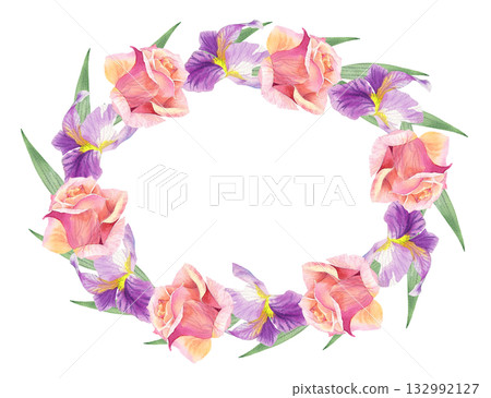 Oval wreath of irises and roses buds. Watercolor handmade illustration. For packaging design, cards, cover, prints, product labels and fabric. Oval wreath of irises and roses buds. Watercolor handmade illustration. For packaging design, cards, cover, prints, product labels and fabric. 132992127