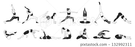 Women do yoga and Pilates exercises cartoon monochrome set healthy woman wellness lifestyle vector Women do yoga and Pilates exercises cartoon monochrome set healthy woman wellness lifestyle vector 132992311