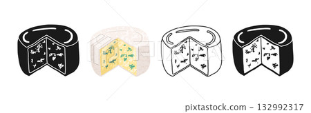 Camembert soft blue Cheese simple stylized symbol set linear doodle icon grungy vector illustration Camembert soft blue Cheese simple stylized symbol set linear doodle icon grungy vector illustration 132992317