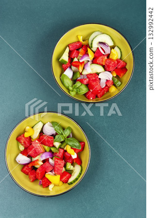 Summer refreshing salad of watermelon and cucumbers. Summer refreshing salad of watermelon and cucumbers. 132992442