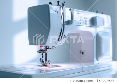 Modern White Sewing machine. Sewing workshop. Tools for sewing and crafts equipment. Concept Interior of garment factory. Workplace of seamstress. Recycling Made by hand from home. Ecology zero waste 132992622