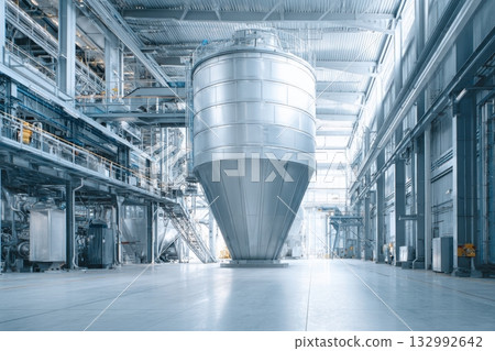 Industrial farm agricultural silos for storage and drying of grains, wheat, corn, soy, sunflower with sunlight. Large metal grain tanks and processing equipment in modern facility. Agriculture, food. Industrial farm agricultural silos for storage and drying of grains, wheat, corn, soy, sunflower with sunlight. Large metal grain tanks and processing equipment in modern facility. Agriculture, food. 132992642