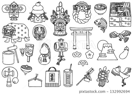 New Year's line drawing illustration material set 132992694