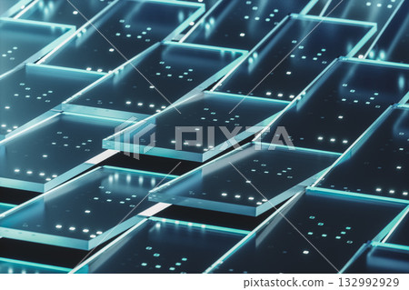 Futuristic digital technology background with crystal glass panels on dark background. 3d rendering 132992929