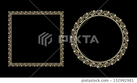 Set of decorative frames Elegant vector element for design in Eastern style, place for text. Floral black and golden borders. Lace illustration for invitations and greeting cards Set of decorative frames Elegant vector element for design in Eastern style, place for text. Floral black and golden borders. Lace illustration for invitations and greeting cards 132992981