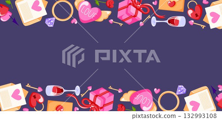 Romantic Valentine day border with heart, rose, wine glasses, ring gift and lock in flat style. Design for romantic card and invitation. 132993108