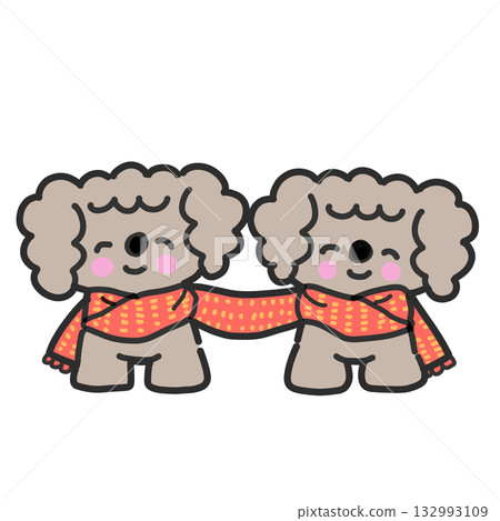 Two toy poodles sharing the same scarf 132993109