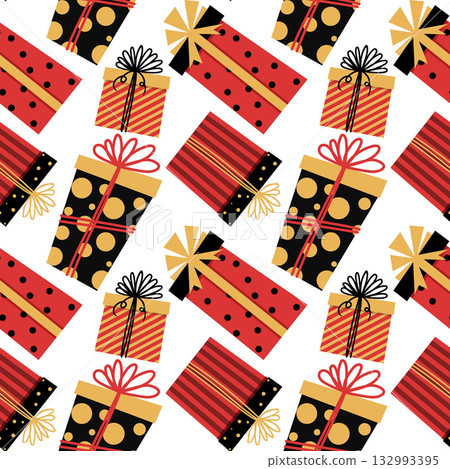 Seamless pattern with a festive gift for Christmas or birthday. Present in orange and black. Cute gift box in flat style. Cozy illustration for cards, posters, wrapping, scrapbooking, patterns. Seamless pattern with a festive gift for Christmas or birthday. Present in orange and black. Cute gift box in flat style. Cozy illustration for cards, posters, wrapping, scrapbooking, patterns. 132993395
