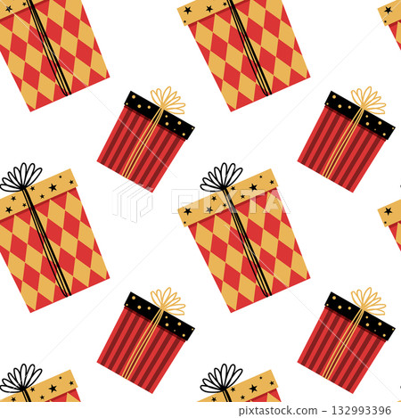 Simple seamless pattern with a festive gift for Christmas or birthday. Cute gift box in flat style. Cozy illustration for cards, posters, wrapping, scrapbooking, patterns. Simple seamless pattern with a festive gift for Christmas or birthday. Cute gift box in flat style. Cozy illustration for cards, posters, wrapping, scrapbooking, patterns. 132993396