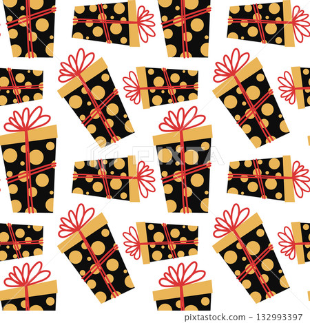 Festive seamless pattern with Christmas or birthday gifts. A cute orange gift box in a flat style. Cozy illustration for cards, posters, wrapping, scrapbooking, and patterns. Festive seamless pattern with Christmas or birthday gifts. A cute orange gift box in a flat style. Cozy illustration for cards, posters, wrapping, scrapbooking, and patterns. 132993397