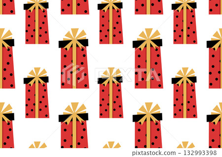 Simple festive seamless pattern with a Christmas or birthday gift. A cute gift box in a flat style. Cozy illustration for cards, posters, wrapping, scrapbooking, and patterns. Simple festive seamless pattern with a Christmas or birthday gift. A cute gift box in a flat style. Cozy illustration for cards, posters, wrapping, scrapbooking, and patterns. 132993398