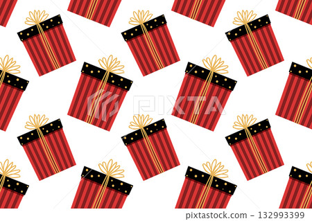Horizontal festive seamless pattern with a Christmas or birthday gift. Cute gift box in flat style. Cozy illustration for cards, posters, wrapping, scrapbooking, and patterns. Horizontal festive seamless pattern with a Christmas or birthday gift. Cute gift box in flat style. Cozy illustration for cards, posters, wrapping, scrapbooking, and patterns. 132993399