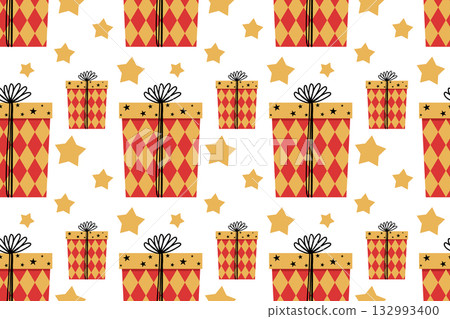 Horizontal festive seamless pattern with stars and gifts for Christmas or birthday. A cute gift box in a flat style. Cozy illustration for cards, posters, wrapping, scrapbooking, and patterns. Horizontal festive seamless pattern with stars and gifts for Christmas or birthday. A cute gift box in a flat style. Cozy illustration for cards, posters, wrapping, scrapbooking, and patterns. 132993400