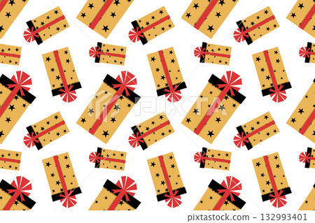 Horizontal festive seamless pattern with Christmas or birthday gifts. A cute orange gift box in a flat style. Cozy illustration for cards, posters, wrapping, scrapbooking, and patterns. 132993401