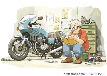 Senior man enjoying motorcycle maintenance Senior man enjoying motorcycle maintenance 132993543