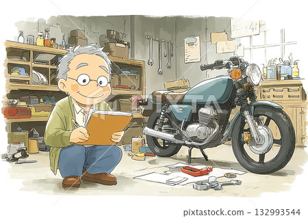 Senior man enjoying motorcycle maintenance Senior man enjoying motorcycle maintenance 132993544