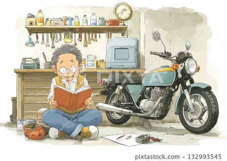 Senior man enjoying motorcycle maintenance 132993545