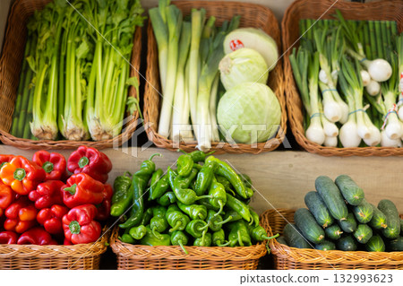 Fresh vegetables on display at vegetable shop 132993623