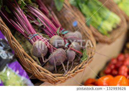 Beets in basket at vegetable shop Beets in basket at vegetable shop 132993626