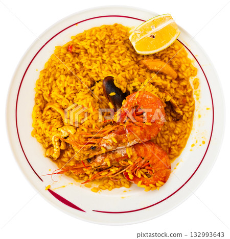Traditional spanish dish paella with seafood 132993643