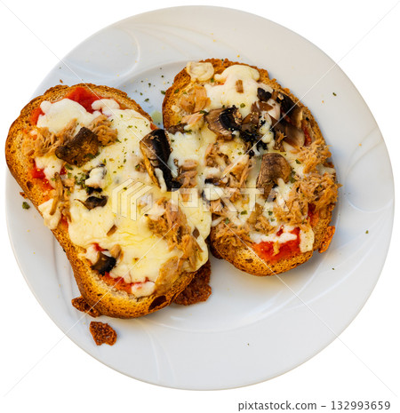 Sandwich with tuna and mushrooms under sauce Sandwich with tuna and mushrooms under sauce 132993659