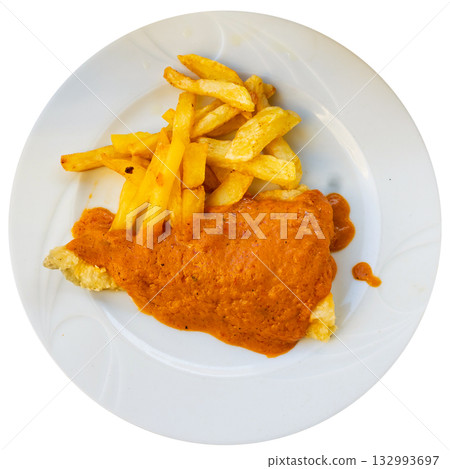Piece of fried cod fillet covered with pureed thick escalivada sauce 132993697
