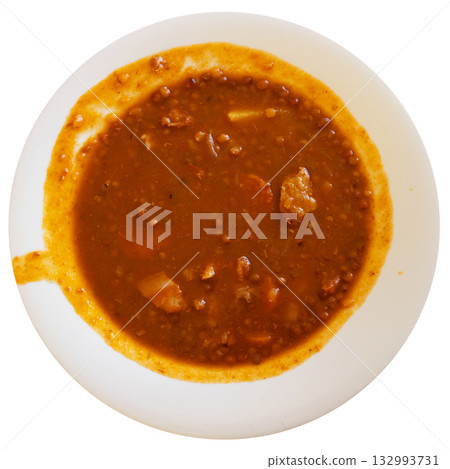 Red lentil soup with carrots and pork pieces Red lentil soup with carrots and pork pieces 132993731