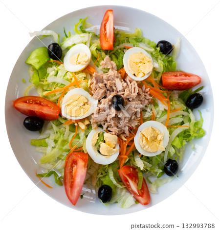 Delicious salad with canned tuna, boiled eggs and tomatoes 132993788