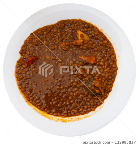 Red lentil soup with carrots and pork pieces 132993837
