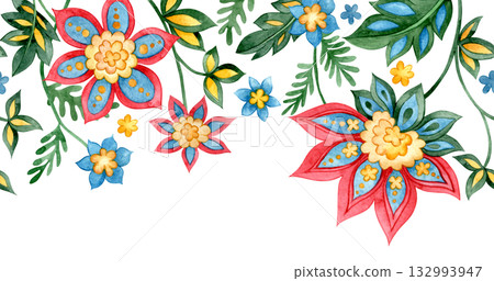 Seamless border in oriental style. Watercolor illustration with a folk style floral ornament. Seamless border in oriental style. Watercolor illustration with a folk style floral ornament. 132993947