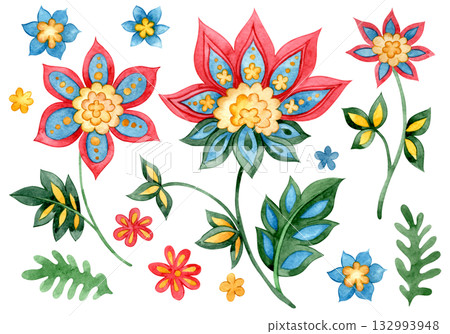 set of elements in oriental style. Watercolor illustration folk style floral ornament. set of elements in oriental style. Watercolor illustration folk style floral ornament. 132993948