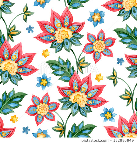 Seamless pattern in oriental style. Watercolor print with a folk style floral ornament. Seamless pattern in oriental style. Watercolor print with a folk style floral ornament. 132993949
