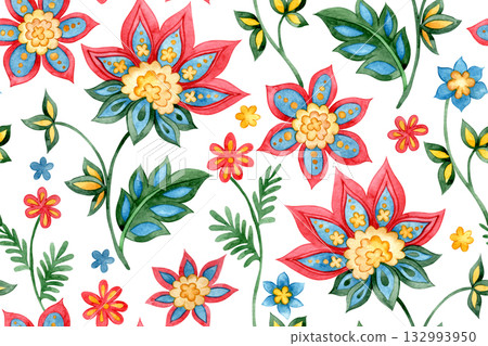 Seamless pattern in oriental style. Watercolor print with a folk style floral ornament. Seamless pattern in oriental style. Watercolor print with a folk style floral ornament. 132993950