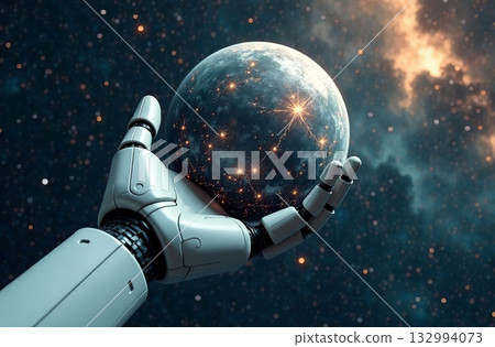 Robot astronaut space, artificial intelligence hold planet hands. AI Generative 132994073