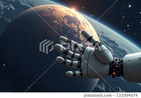 Robot astronaut space, artificial intelligence hold planet hands. AI Generative 132994074