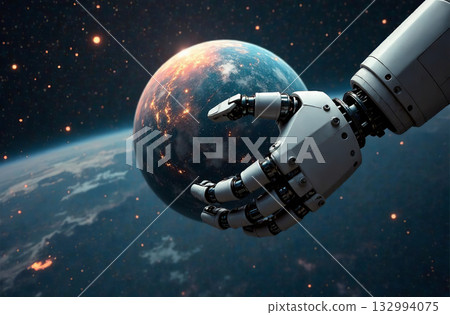Robot astronaut space, artificial intelligence hold planet hands. AI Generative 132994075