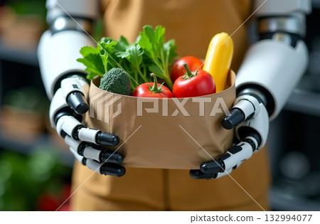 Robot seller artificial intelligence hold bag vegetables in hands. AI Generative Robot seller artificial intelligence hold bag vegetables in hands. AI Generative 132994077