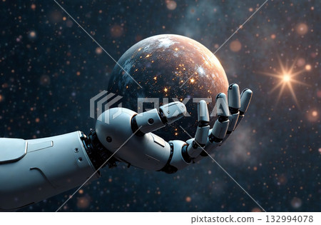 Robot astronaut space, artificial intelligence hold planet hands. AI Generative 132994078